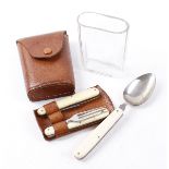 Victorian Gentleman's travelling cutlery set, comprising knife fork and spoon with drinking glass in