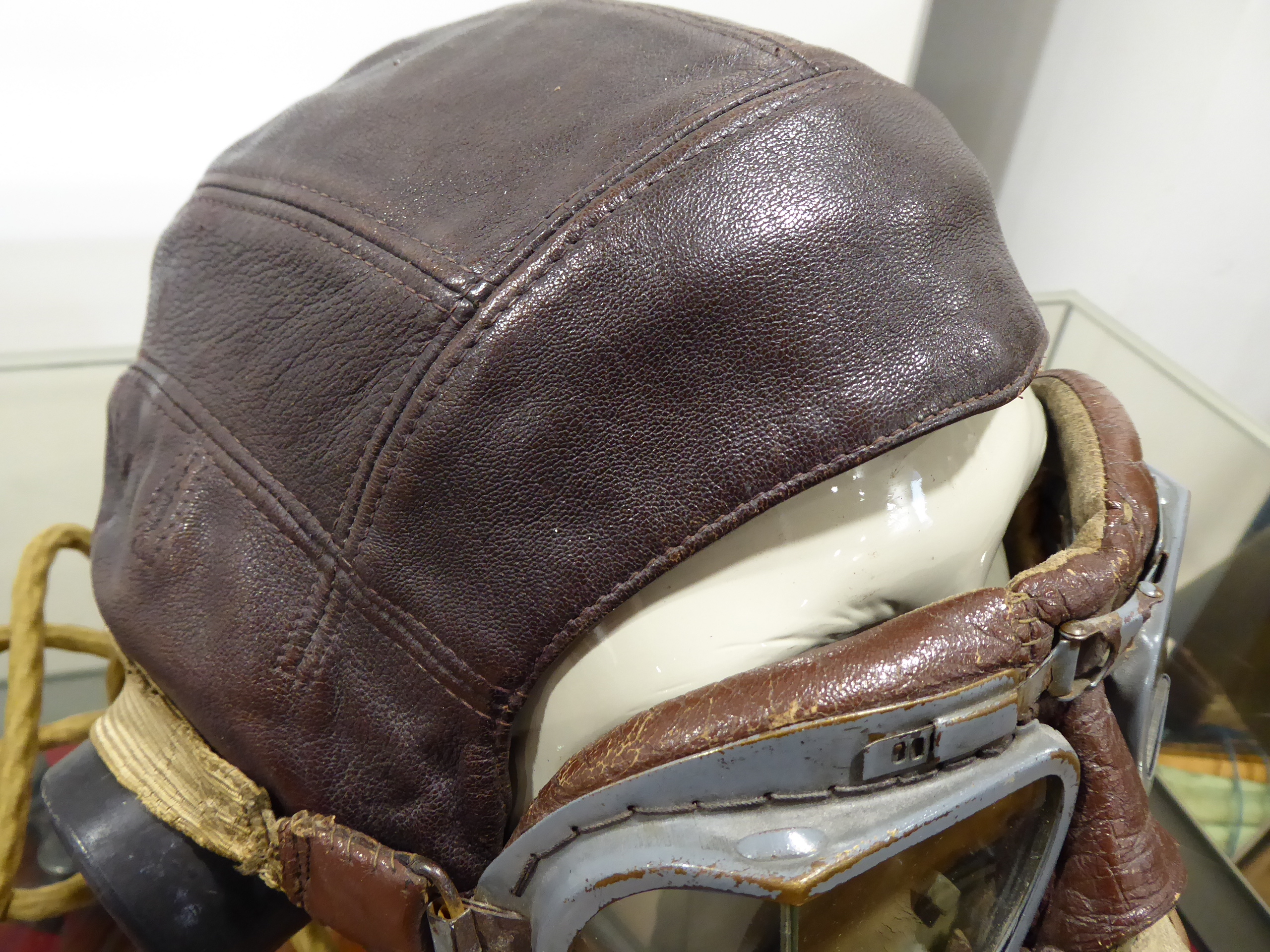 WWII RAF Pilots Type C leather flying helmet with headphones, mask, goggles and comms lead connector - Image 3 of 16