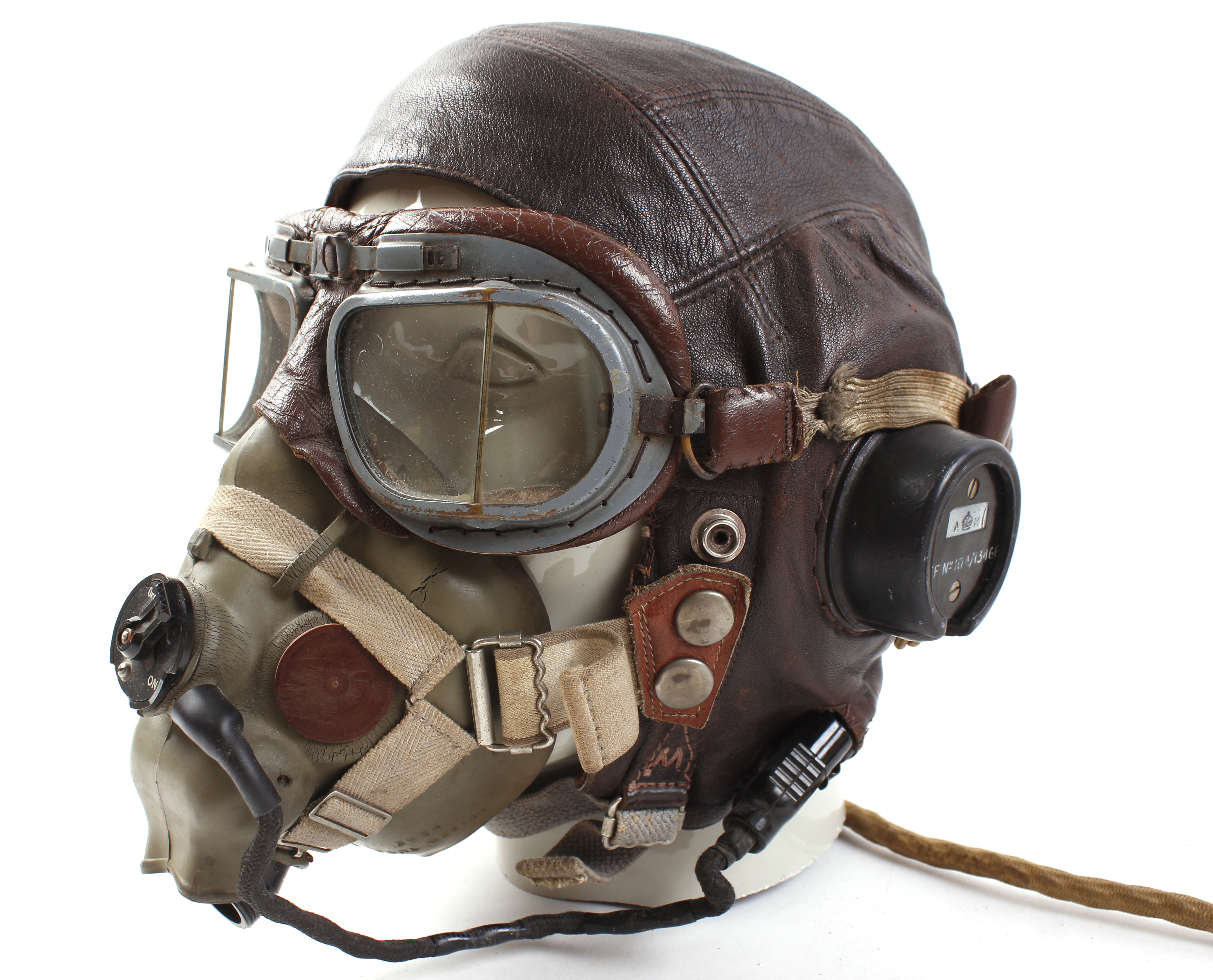 WWII RAF Pilots Type C leather flying helmet with headphones, mask, goggles and comms lead connector - Image 2 of 16