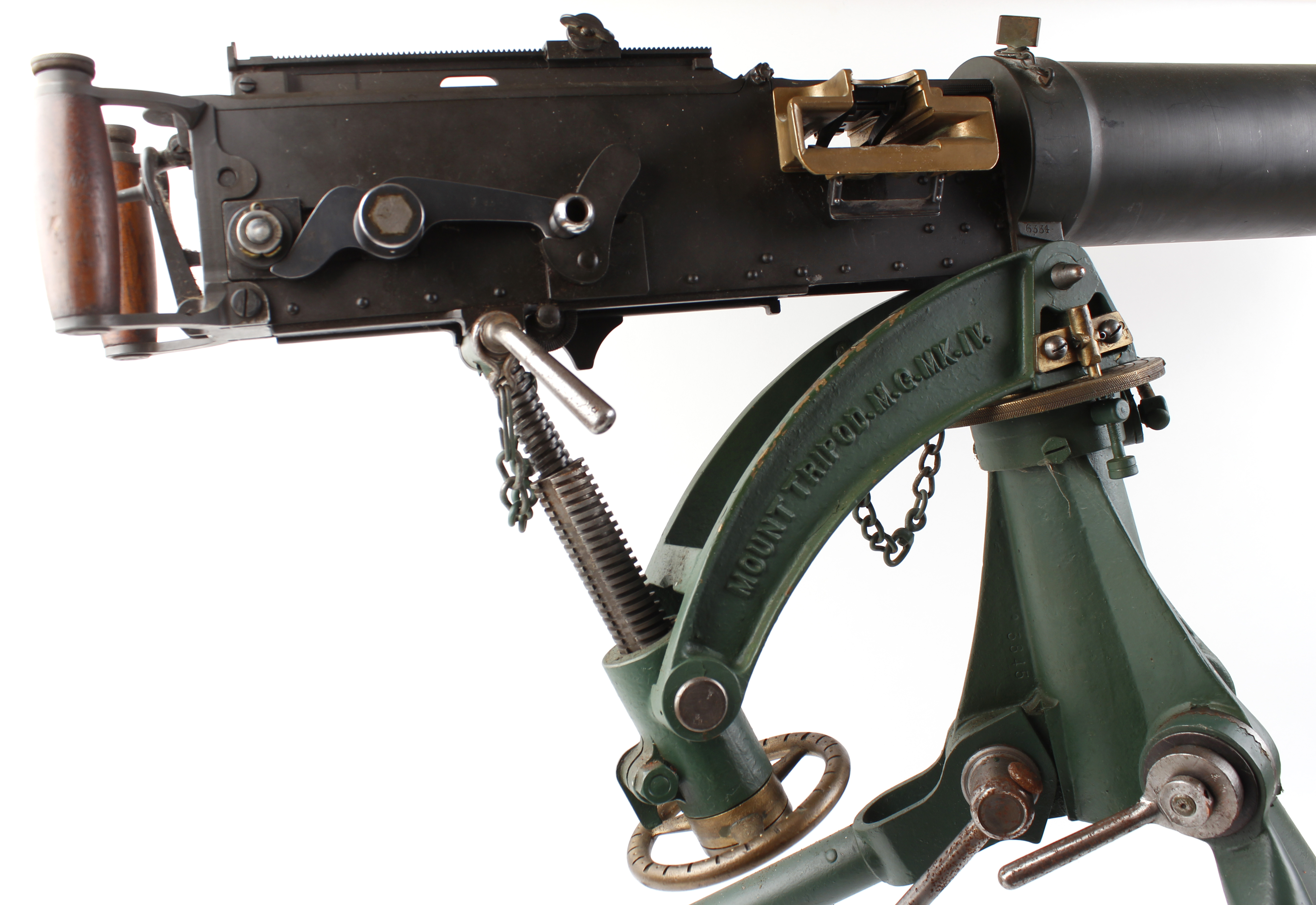 .303 Vickers heavy machine gun, on tripod stand with belt, belt box, green wooden case with rope - Image 2 of 9