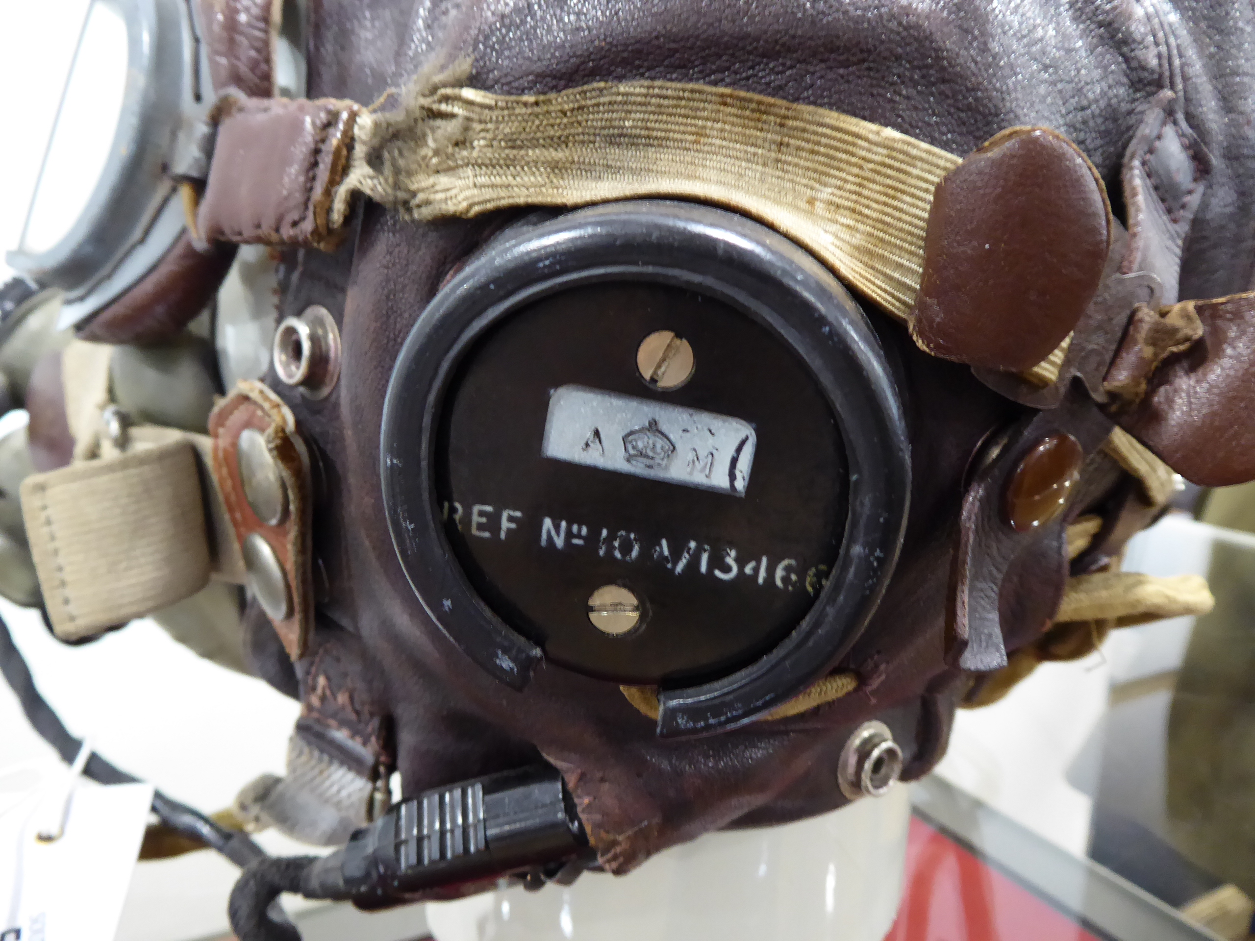 WWII RAF Pilots Type C leather flying helmet with headphones, mask, goggles and comms lead connector - Image 10 of 16