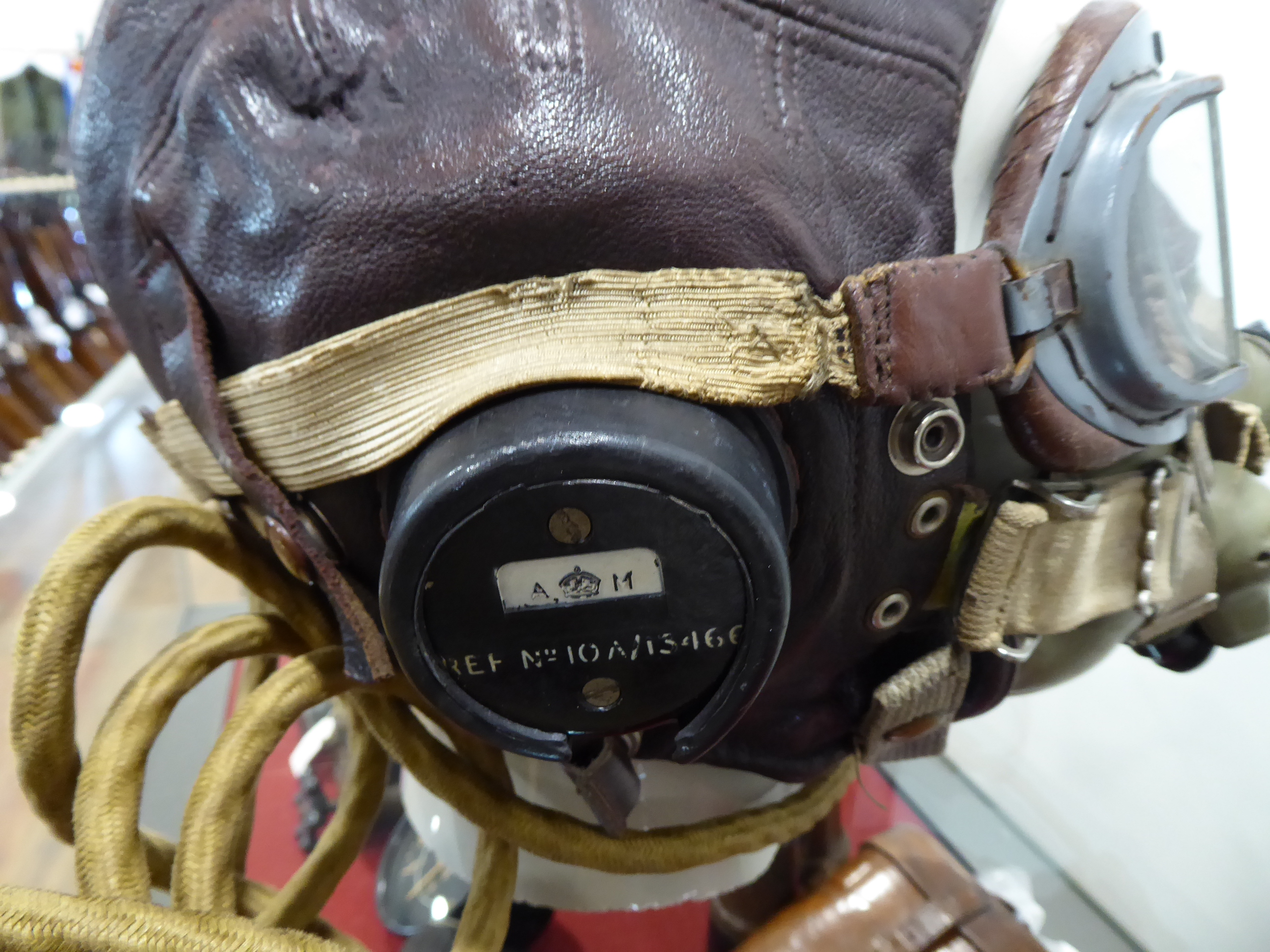 WWII RAF Pilots Type C leather flying helmet with headphones, mask, goggles and comms lead connector - Image 9 of 16