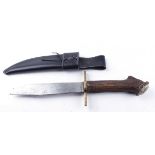 Fabricated hunting knife, 10½ ins single edged clipped blade, brass quillon, stag antler grip in