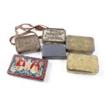 Two WWI Christmas tins, Geo V and Queen Mary coronation tins, emergency ration and tea tins, leather