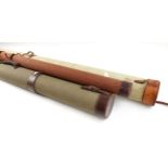 Canvas and leather adjustable length rod tube 54½ - 67 ins, together with two other canvas and