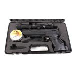 .177 Webley Alecto pneumatic air pistol, target grips, mounted 2-7 x 32 BSA Edge scope, with two