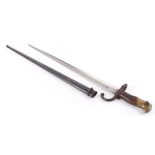 Gras bayonet dated 1876, 20½ ins blade, drop quillon, brass and wood grips, steel scabbard