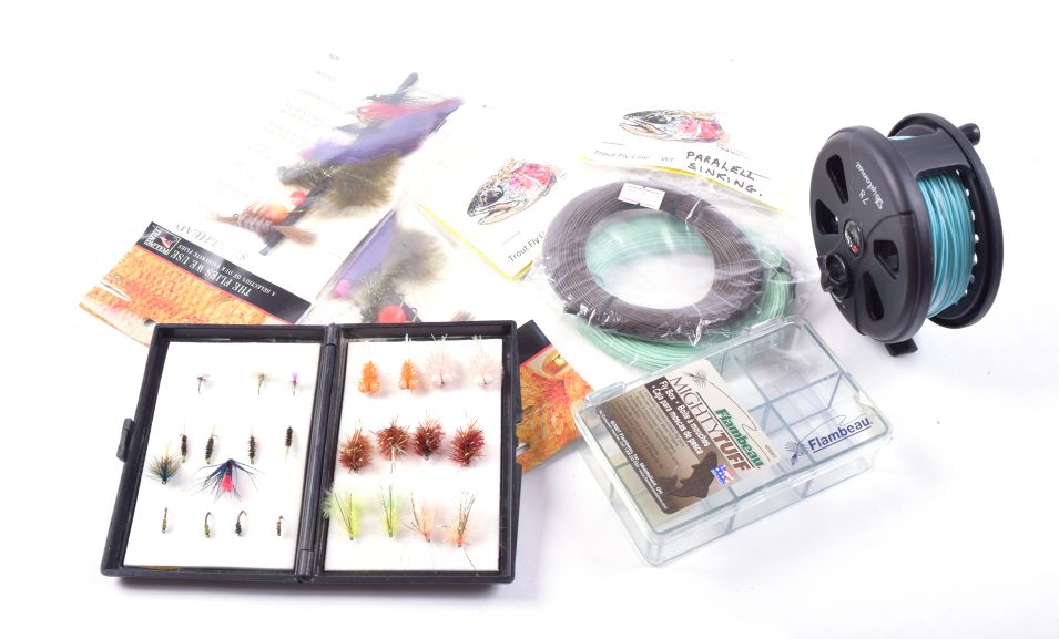 Floating and sinking trout lines, selection of steel head flies, Abu Garcia Diplomat 78 trout reel