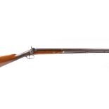 S58 14 bore Percussion single sporting gun, English, 29½ ins brown damascus two stage barrel with