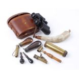 Various powder flasks/measures (all a/f), turnscrews, Greenkat binoculars in leather case