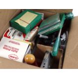 Box containing various reloading equipment by Lee and others, Auto-Prime, lubricant, sizing, etc