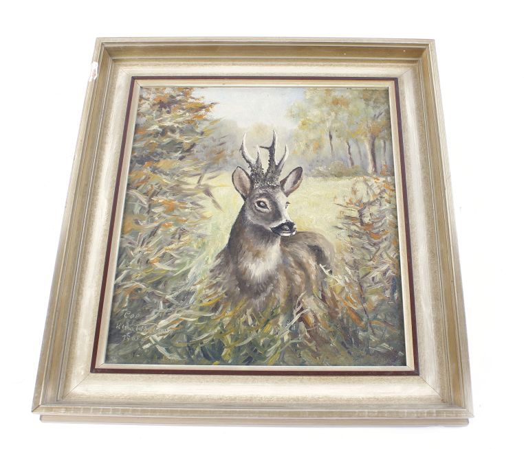 Framed oil on board of a Roe Buck, signed K Waldheim 1967, h.16 ins x w.14 ins