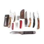 11 various folding knives, including Victorinox and Whitby, together with 4 ins single edged knife