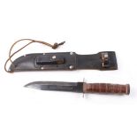 Survival knife with 7 ins clipped point blade, ring turned wood grips, leather sheath with