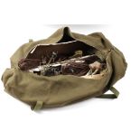 Two pigeon flapper cradles with one full body pigeon decoy, in canvas carry bag
