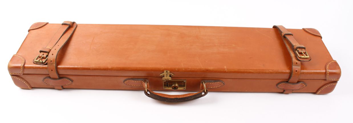 Leather motor case with leather reinforced corners, baize lined fitted interior for 28 ins