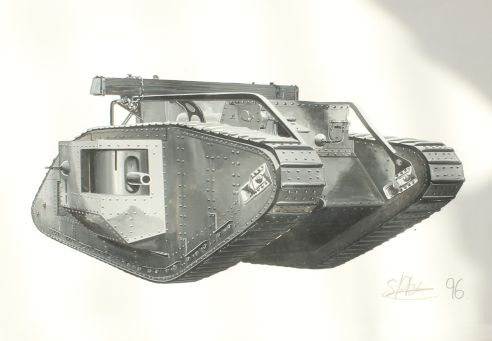 Framed and glazed watercolour: British MkV tank