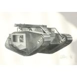 Framed and glazed watercolour: British MkV tank