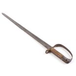 Sword bayonet with 25 ins part fullered part saw backed blade, steel hand guard, wood grips n.b.