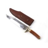 Large hunting knife by J. Nowill, 10½ ins polished bowie blade stamped J.NOWILL SHEFFIELD, brass