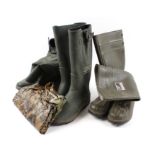 3 pairs of green Wellington boots, size 10; camouflage poncho