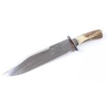 Large Bowie type knife, 10½ ins polished clipped single edged blade, metal mounted bone grips, 15½