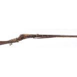 S58 Indian Matchlock musket, 46½ ins part fluted and tapered steel barrel with flared muzzle, wood