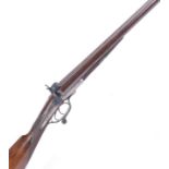 S58 12 bore pinfire double sporting gun by Tatham, 30 ins browned damascus barrels (black powder