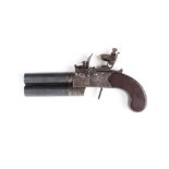 S58 32 bore Flintlock over and under turn off barrel pocket pistol, boxlock tap action with scroll