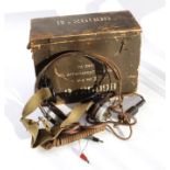 WWII Two pairs British radio communications headphones in wooden transport box
