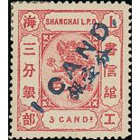 Municipal Posts Shanghai Later Issues 1877 1 candareen surcharge; 1ca. on 3ca. carmine showing...