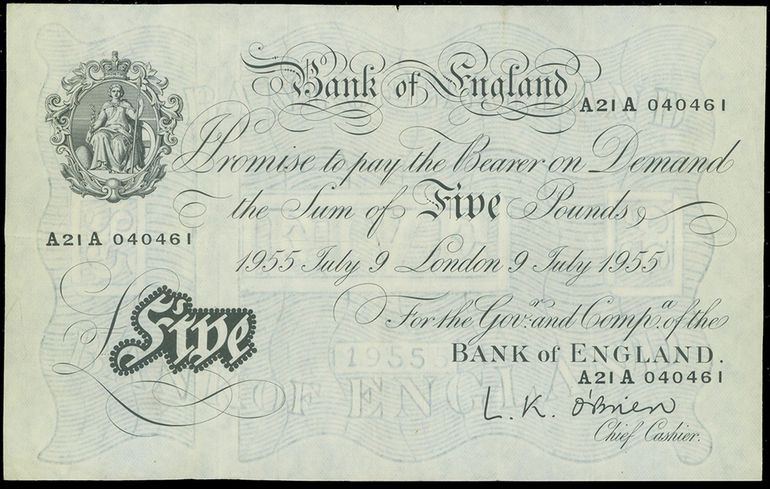 Bank of England, 5 pounds, 1955, serial number A21A 040461, (Pick 345),