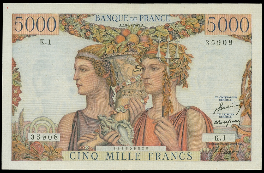 France, Banque de France, 5000 francs, 10.3.1949, serial number K.1 35908, (Pick 131a, Fayette...