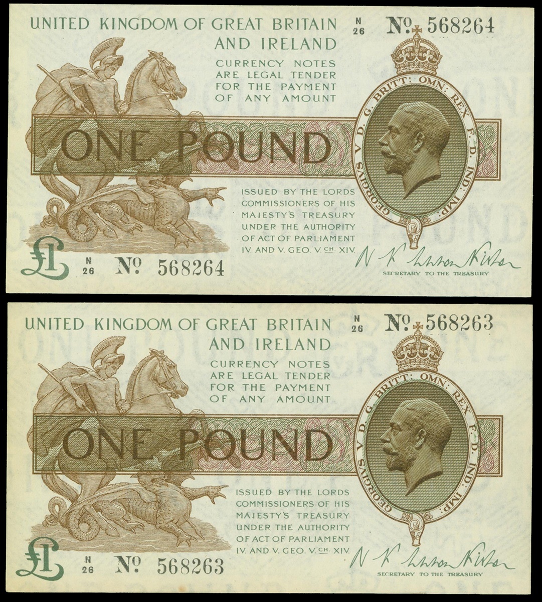 Great Britain, Treasury Notes, pair of consecutive 1 pound, ND (1919), serial number N26 568263...