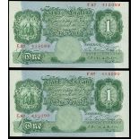 Bank of England, consecutive pair of Britannia, 1 pound notes, c.1928, serial number F87 415089...