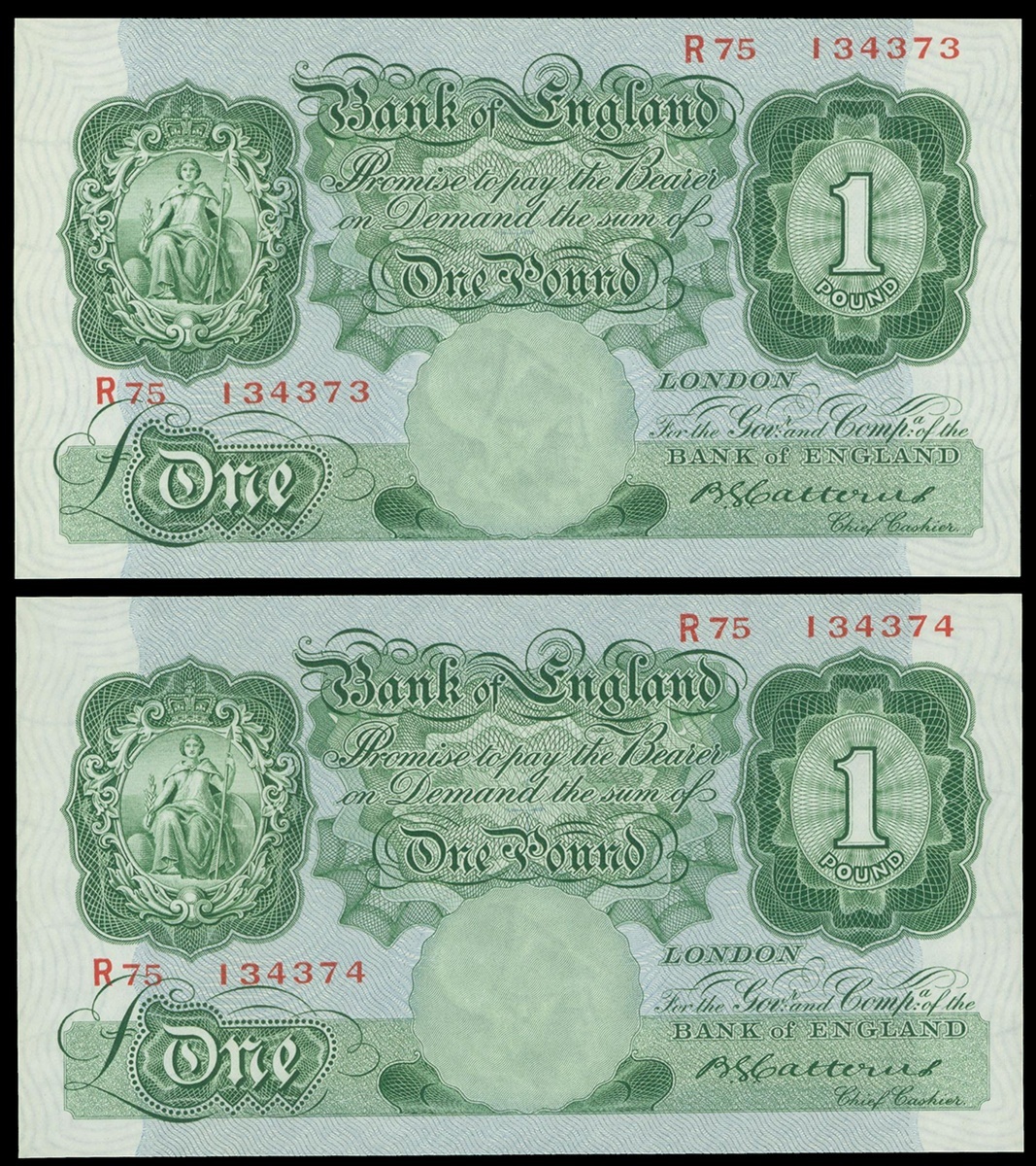 Bank of England, consecutive pair of Britannia, 1 pound notes, 1929-1934, serial number R75 134...