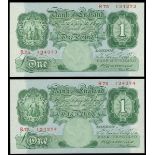 Bank of England, consecutive pair of Britannia, 1 pound notes, 1929-1934, serial number R75 134...