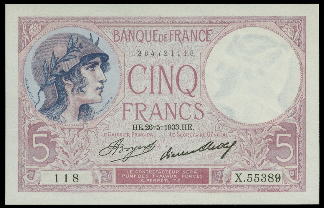 France, Banque de France, 5 francs, 26.5.1933, serial number X.55389 118, (Pick 72e),