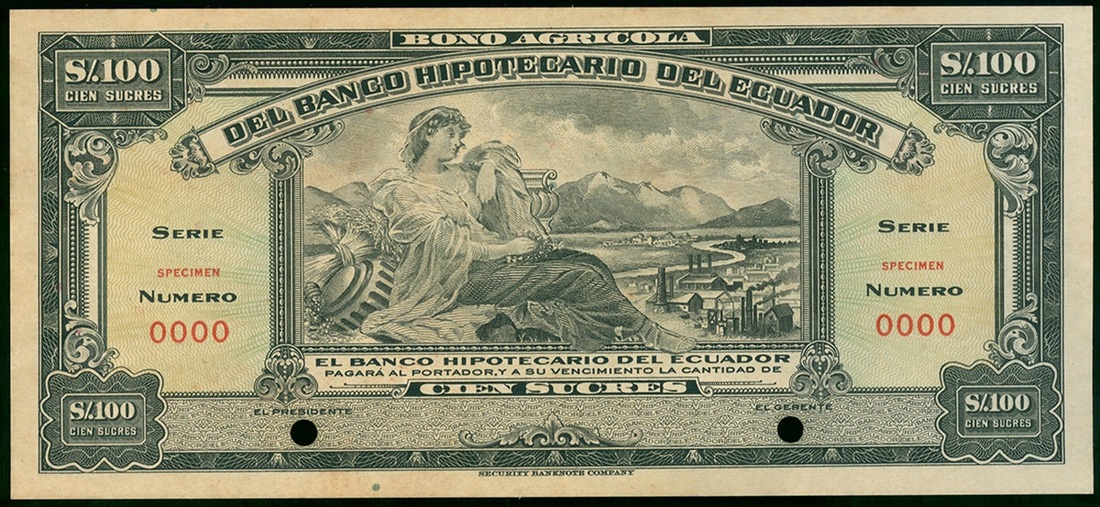 Ecuador, Bono Agricola Del Banco Hipotecario Del Ecuadorm 100 sucres, specimen, 1920's to 1930'...