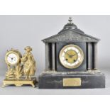 An Edwardian slate mantel clock, of architectural design with presentation plaque, West Yorkshire