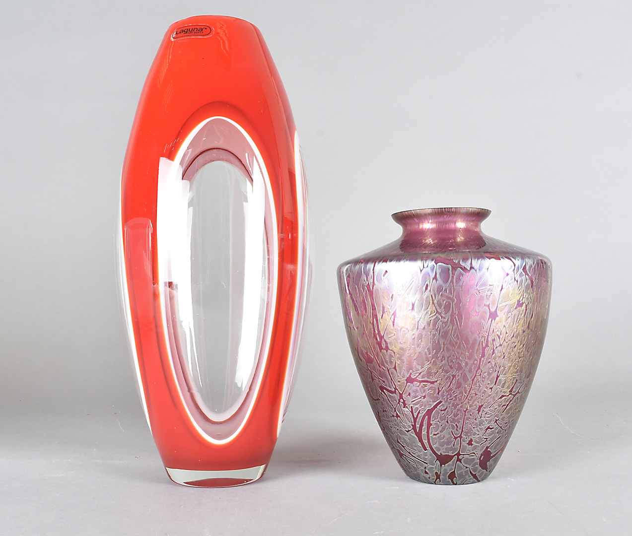 A Royal Brierley studio range mottled tapered vase, the iridescent fuchsia body with sloping