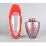 A Royal Brierley studio range mottled tapered vase, the iridescent fuchsia body with sloping