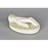 An 18th Century marble sculpture, of a hand outstretched on an oval plinth textured base, slight