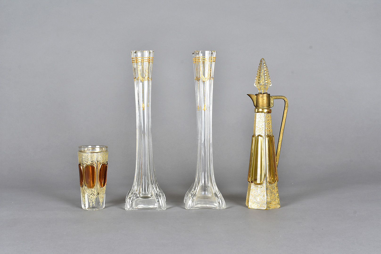 A Bohemian flashed glass decanter, the hexagonal tapered body with oval glass citrine coloured