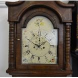 An early 20th century eight day long case clock, in an oak veneered case, white painted dial, second