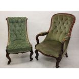 A William IV slipper chair, having green button back upholstery, walnut scroll frame and cabriole