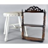 Hanging wall shelf, dressing table mirror, white painted stool, wall mirror and a tapestry top