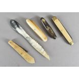 A 19th Century Sheffield ivory mounted penknife, a horn letter opener, a horn cased penknife and two