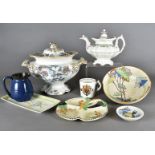 An art deco fruit bowl, a Burleighware hors d'oeuvres dish, various commemorative china cups,