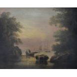 19th Century, continental school, oil on canvas, rowing out to the boats, cove landscape,